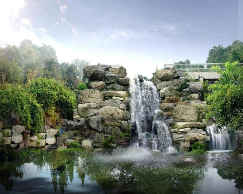 Artificial Waterfall — Green, Serene, Afternoon, Digital Art