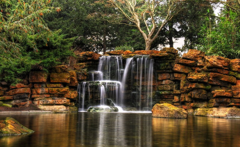 Artificial Waterfall in Garden — Green, Serene, Afternoon, Photograph, Pond