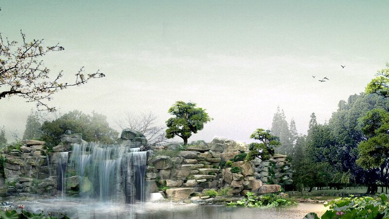 Artificial Waterfall in Garden — Green, Serene, Morning