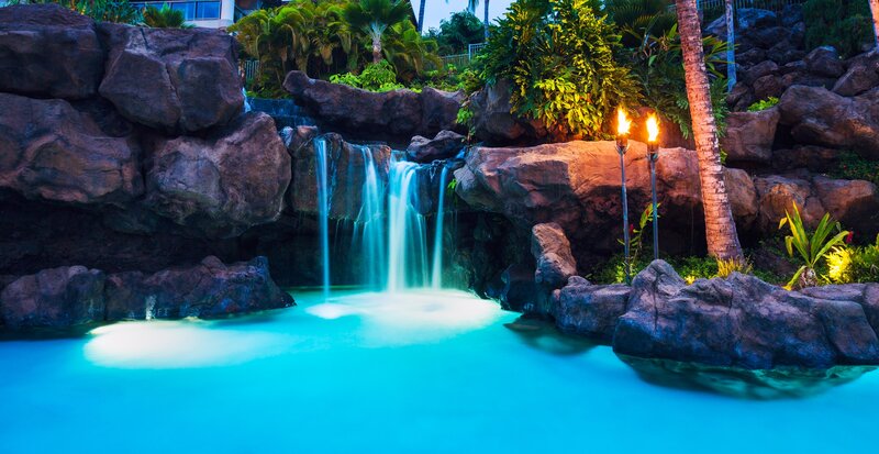 Artificial Waterfall Pool — Blue, Serene, Night