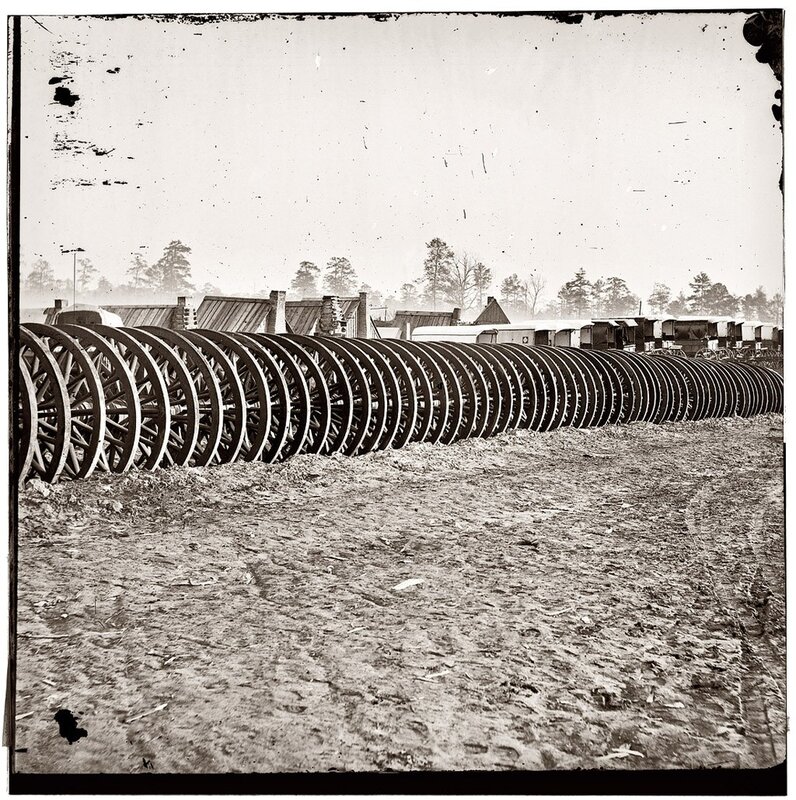 Artillery wheels in a military camp