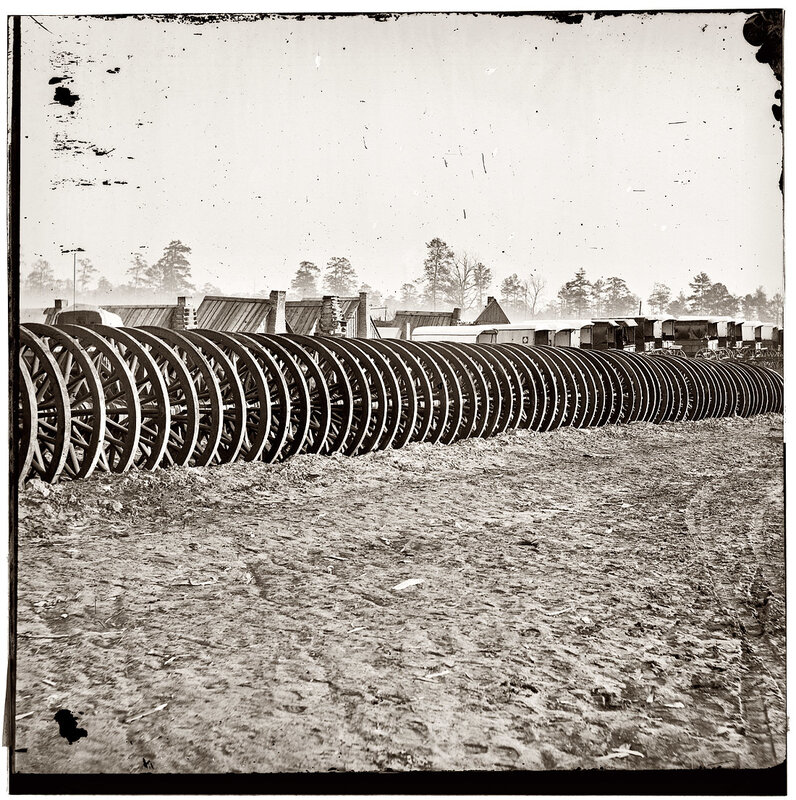 Artillery wheels in a military camp