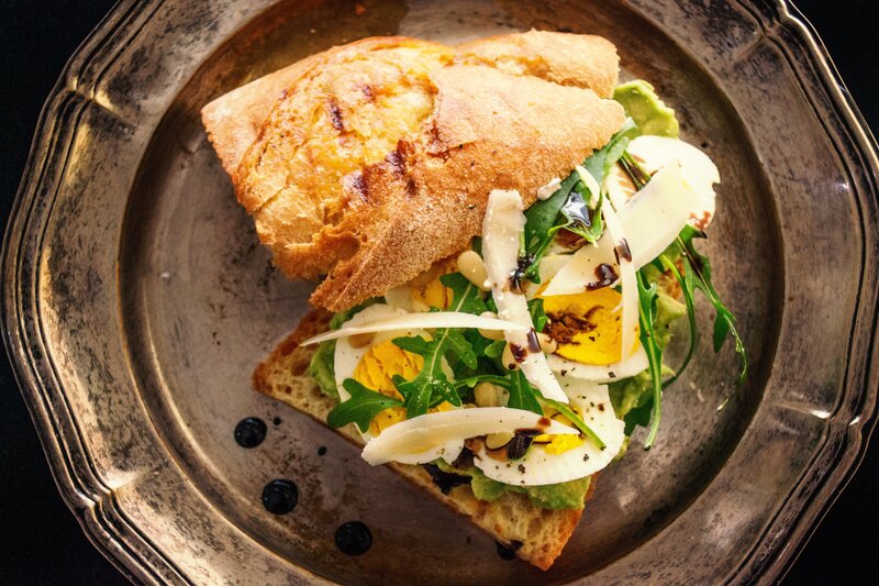 artisan sandwich on metal plate