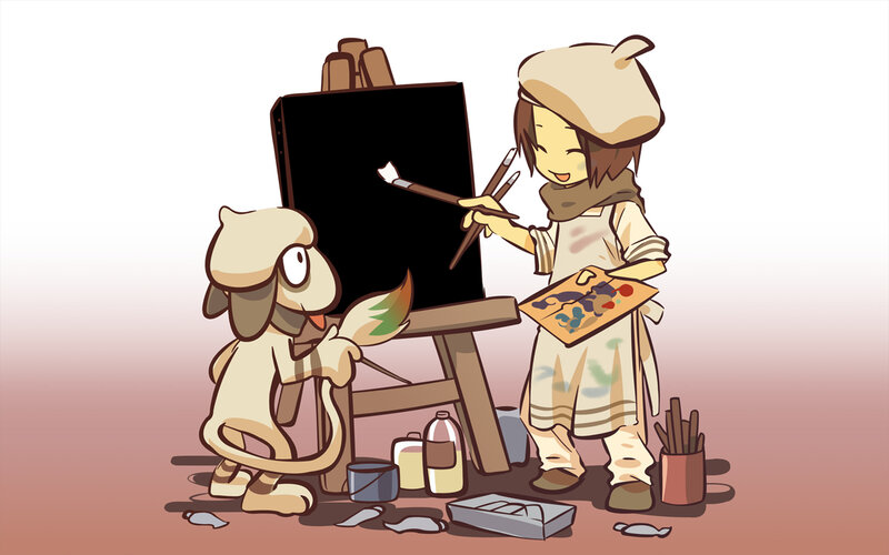 artist and dog painting together