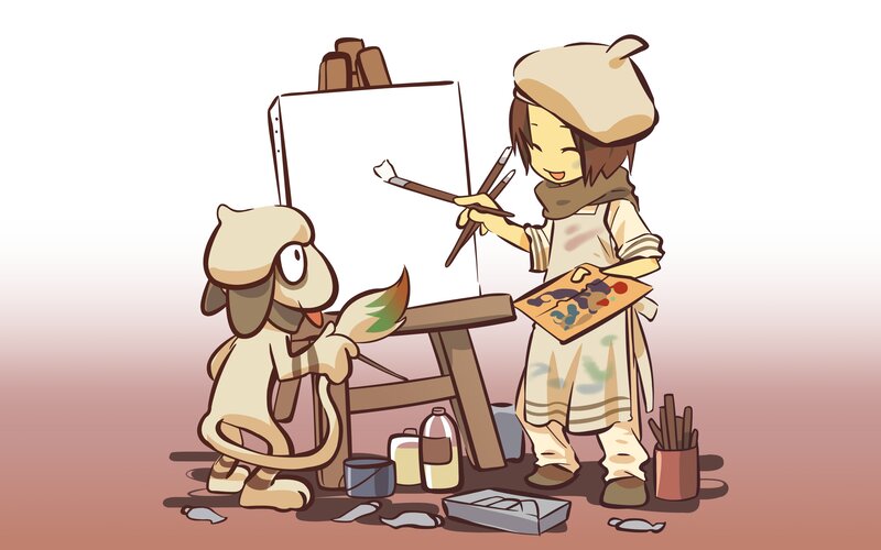 artist and dog painting together