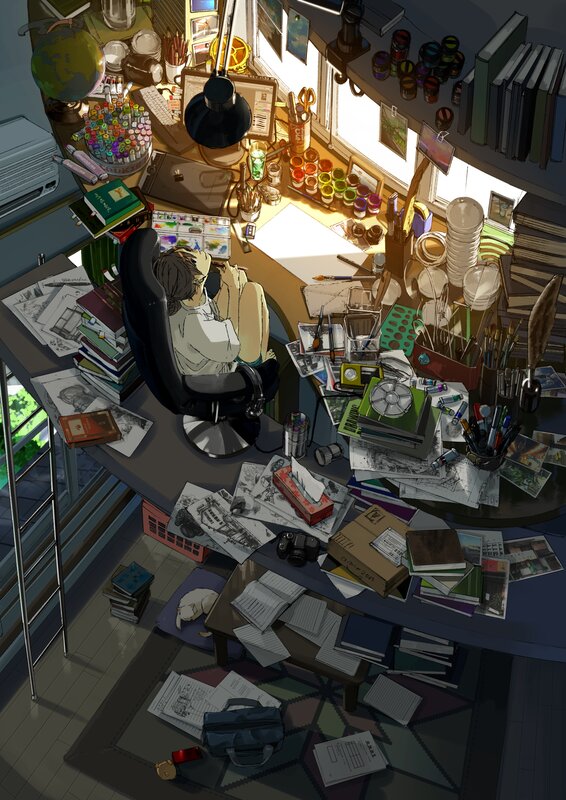Artist at Cluttered Desk