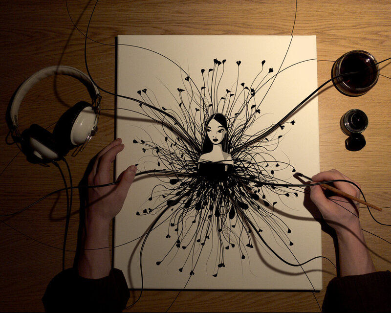 Artist drawing a woman with ink