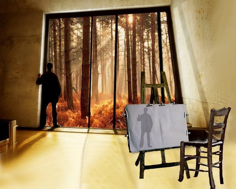 Artist in forest studio