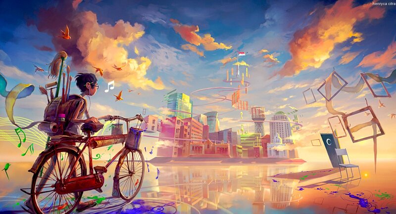 Artist on a bike at sunset