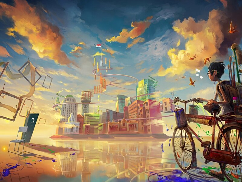 artist on bike in surreal city