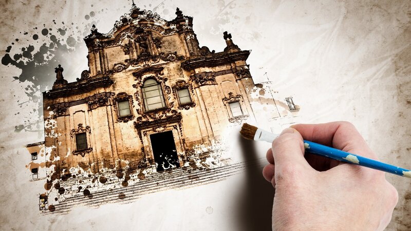 artist painting a church