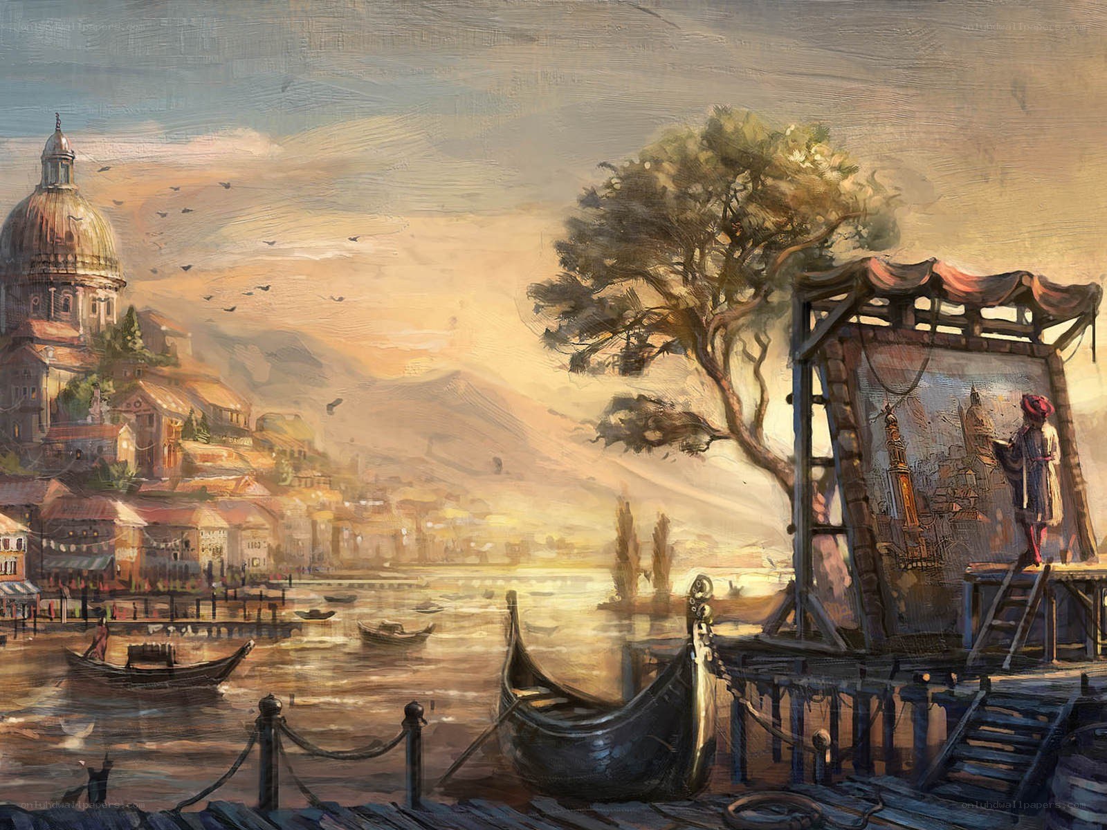Artist painting a cityscape