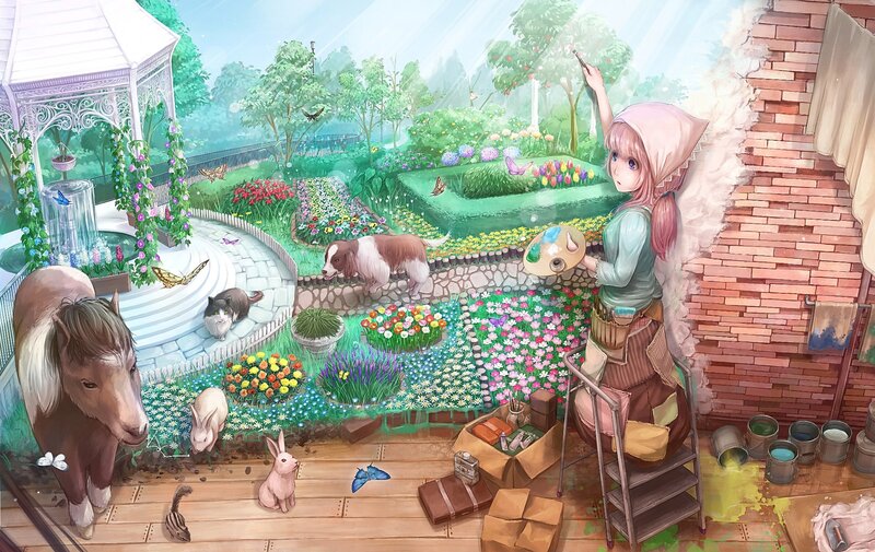Artist painting a garden scene