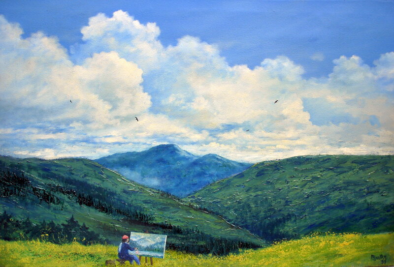 Artist painting a mountain landscape