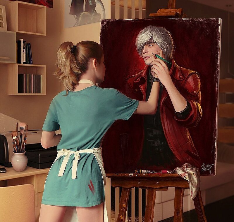 Artist Painting a Portrait — Red, Focused
