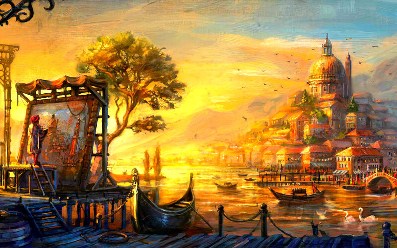 Artist Painting Cityscape — Yellow