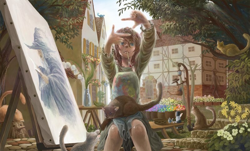 artist painting in a garden