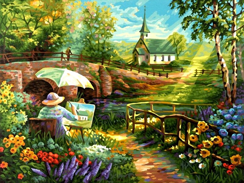 Artist Painting in Garden — Green, Serene