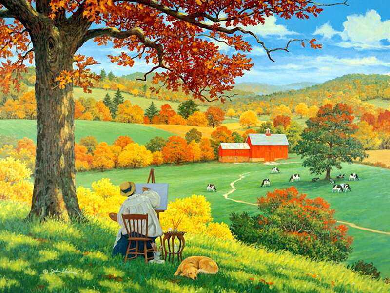 Artist Painting Landscape — Green