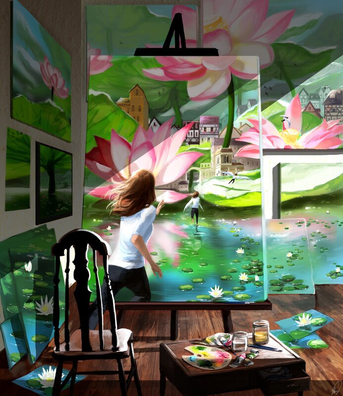 artist painting lotus scene
