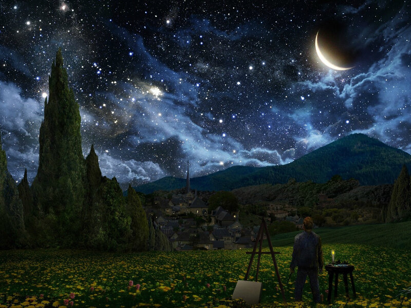 Artist Painting Night Scene — Blue