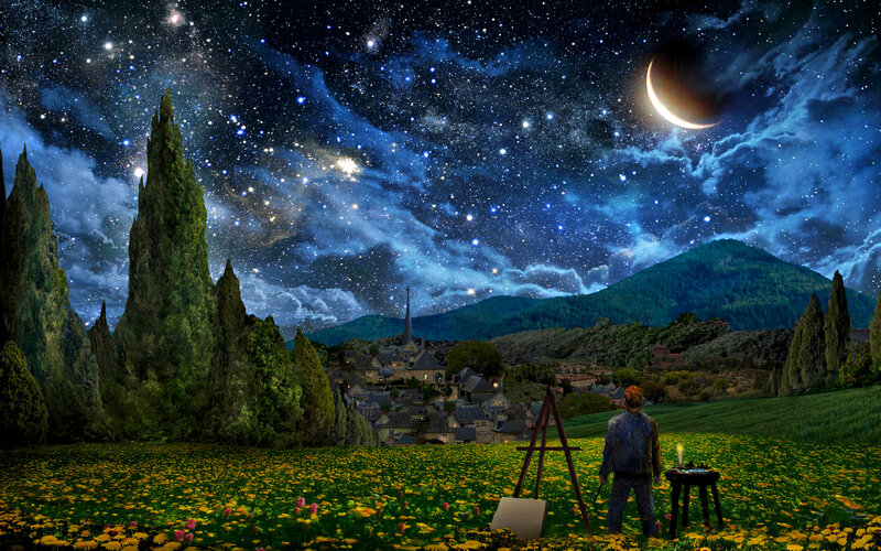 Artist Painting Night Sky — Blue, Serene