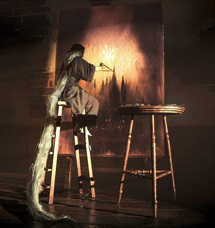 Artist Painting on Canvas — Brown, Dramatic