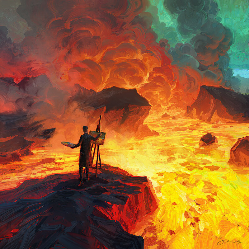 Artist Painting Volcano