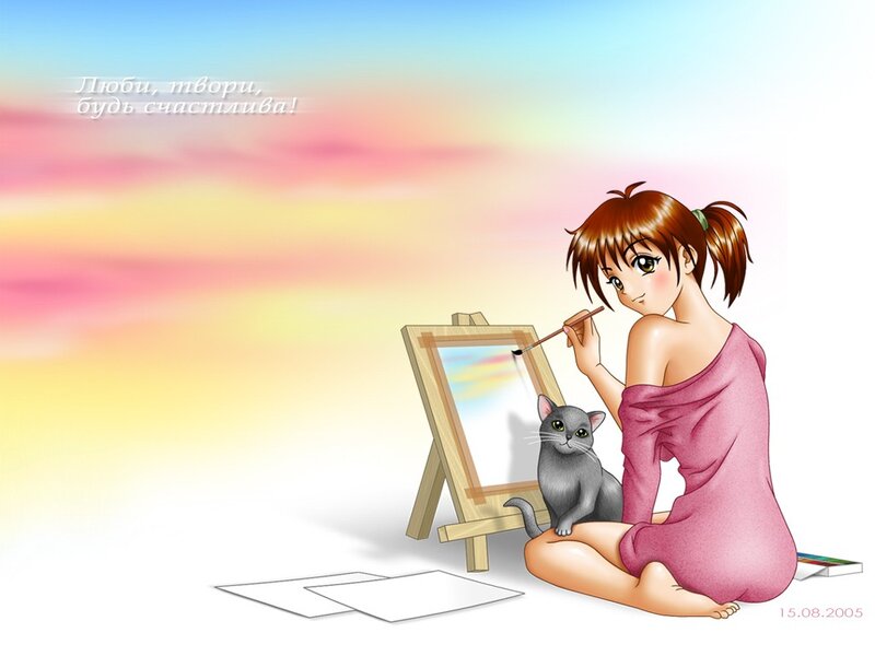 Artist painting with cat