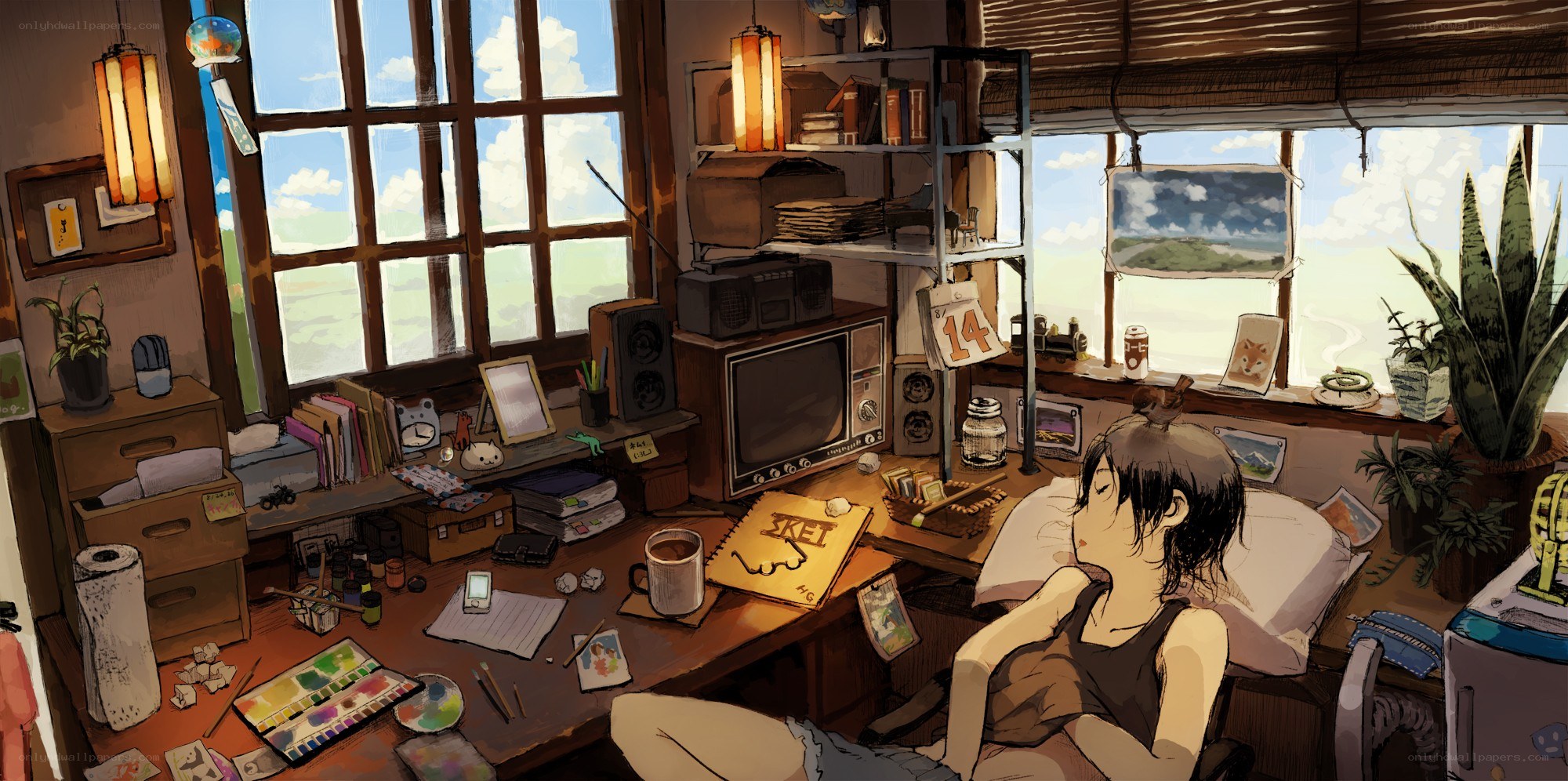 Artist's cozy studio at sunset