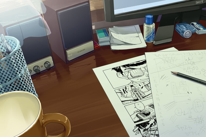 artist's desk with manga sketches