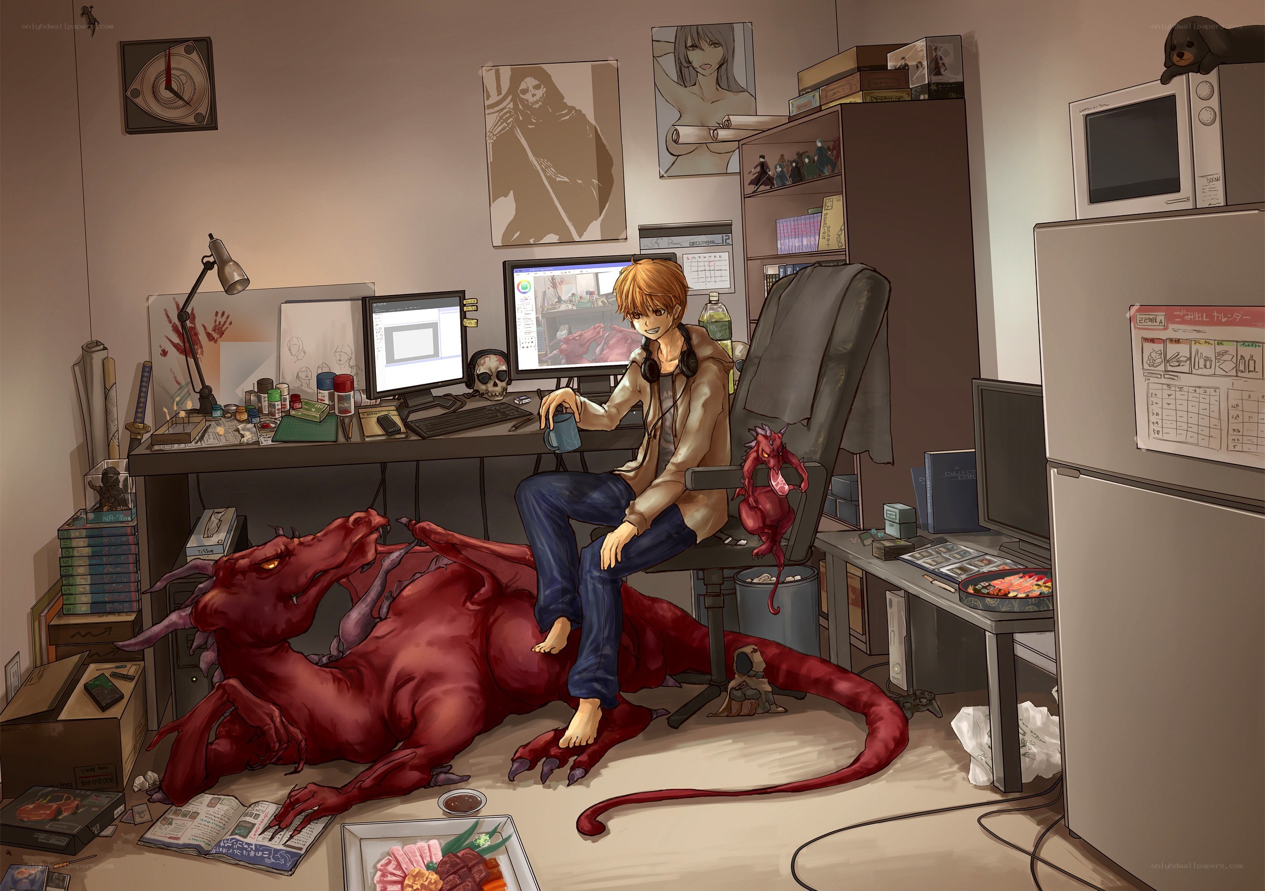 Artist's messy studio with dragons