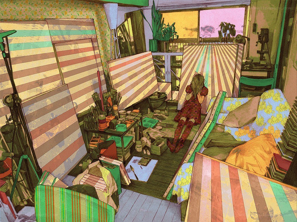 Artist's studio with striped canvases