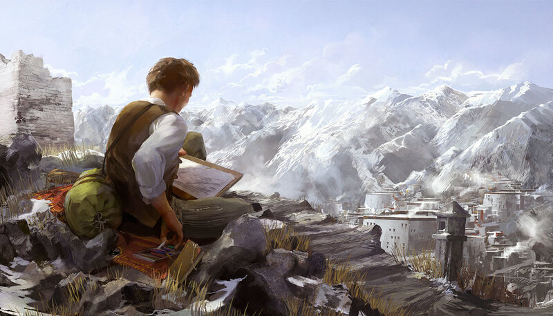 Artist sketching mountain village