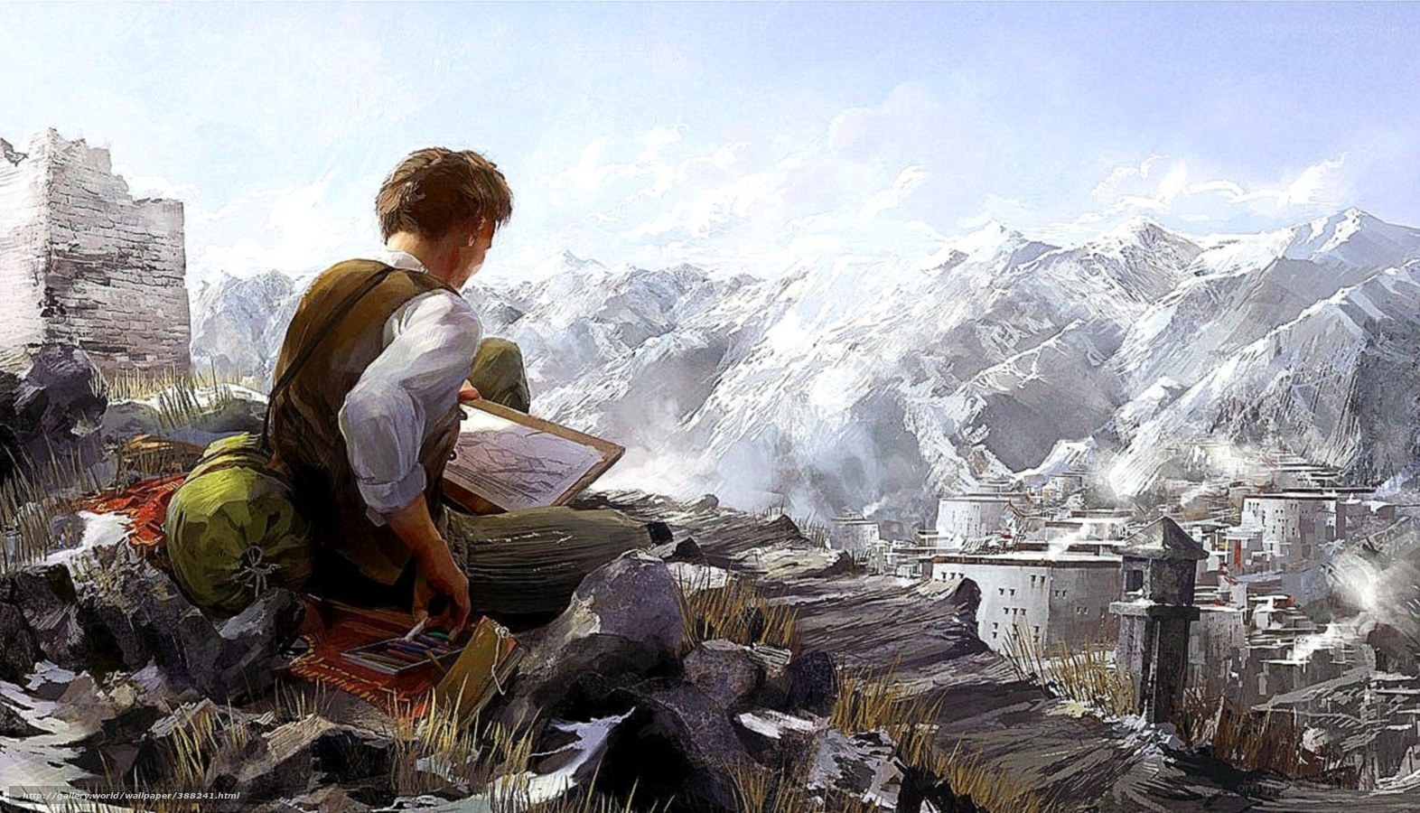 Artist sketching mountain village