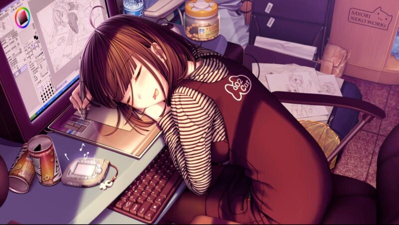 artist sleeping at her desk