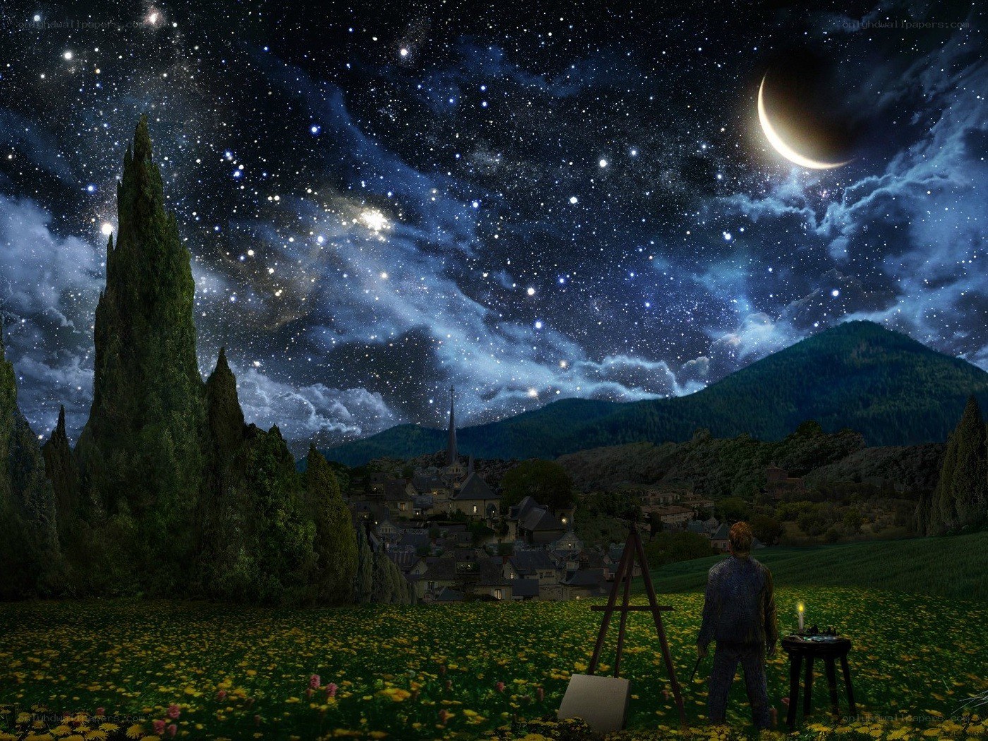 Artist under a starry sky