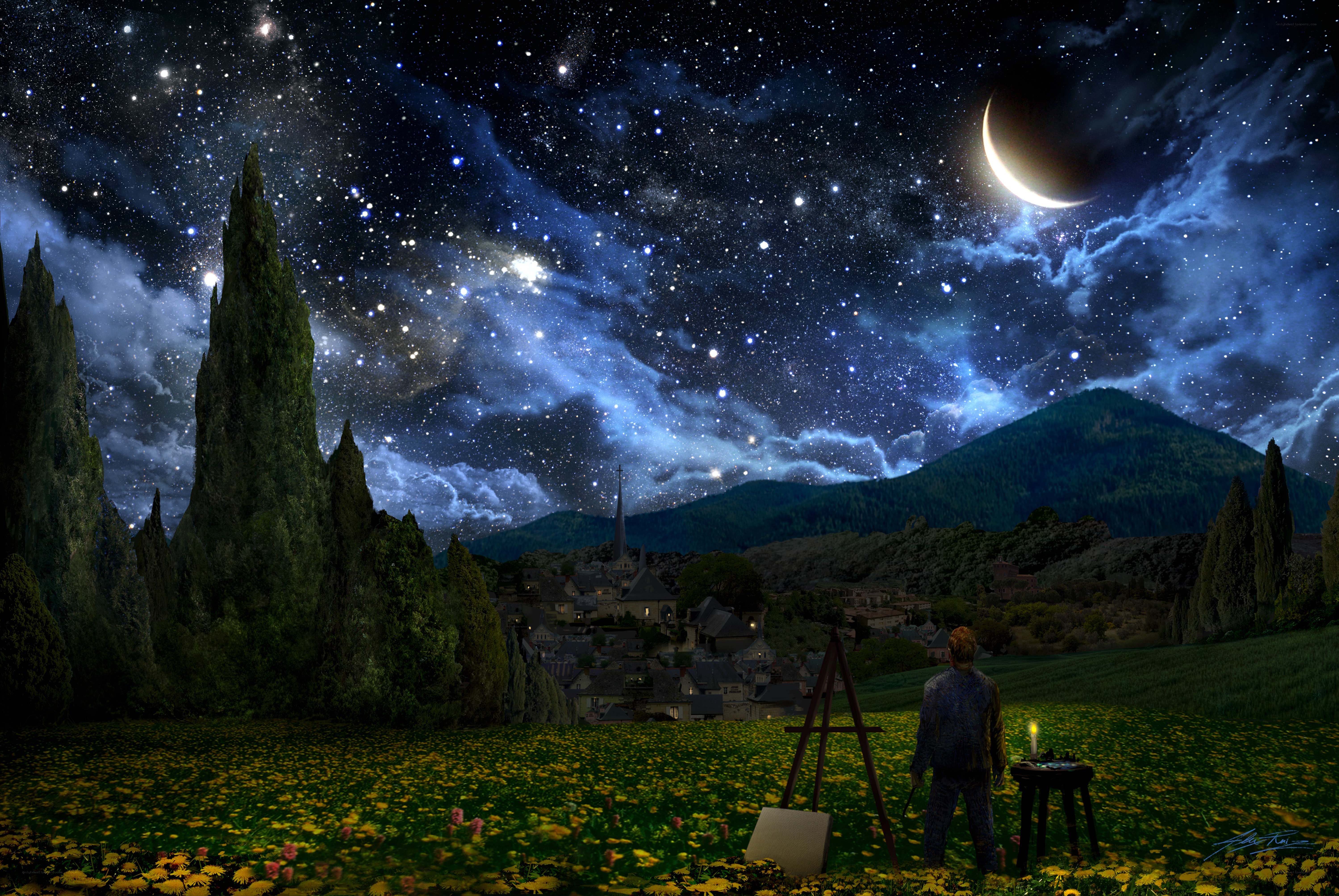 Artist under a starry sky