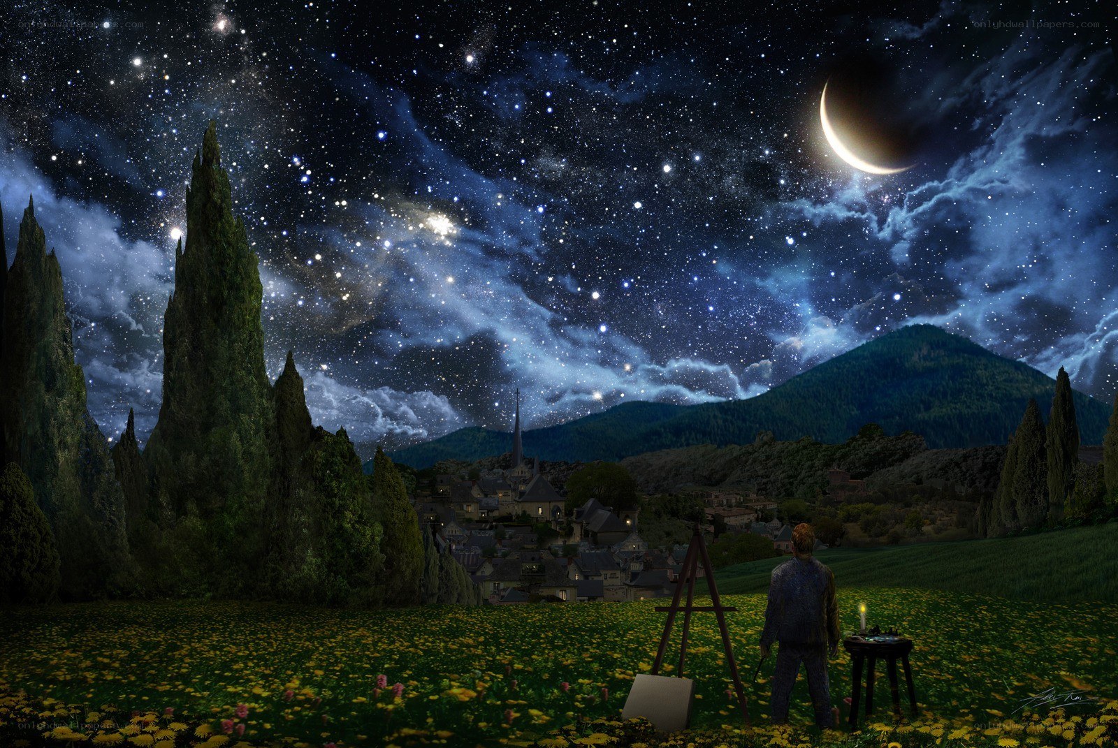 Artist under starry sky