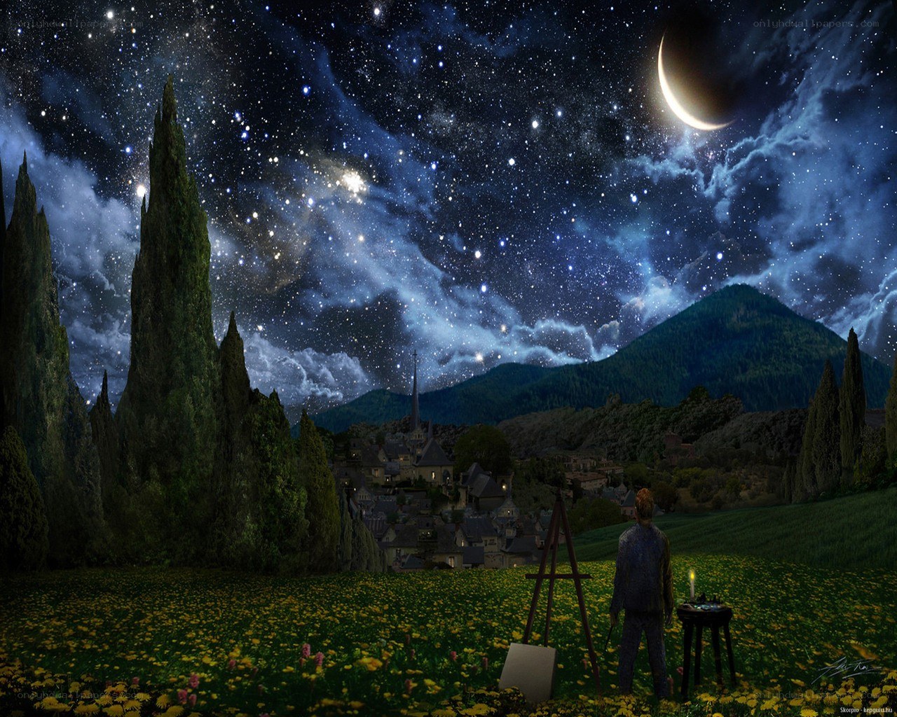 Artist under starry sky