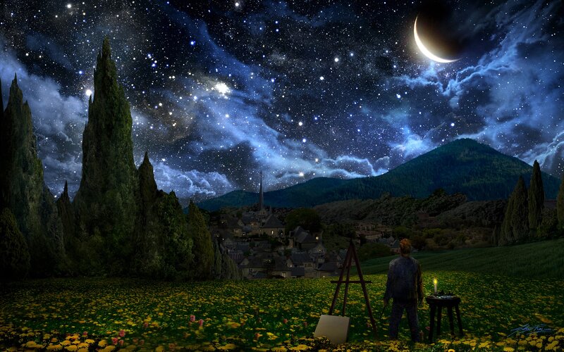 Artist under starry sky