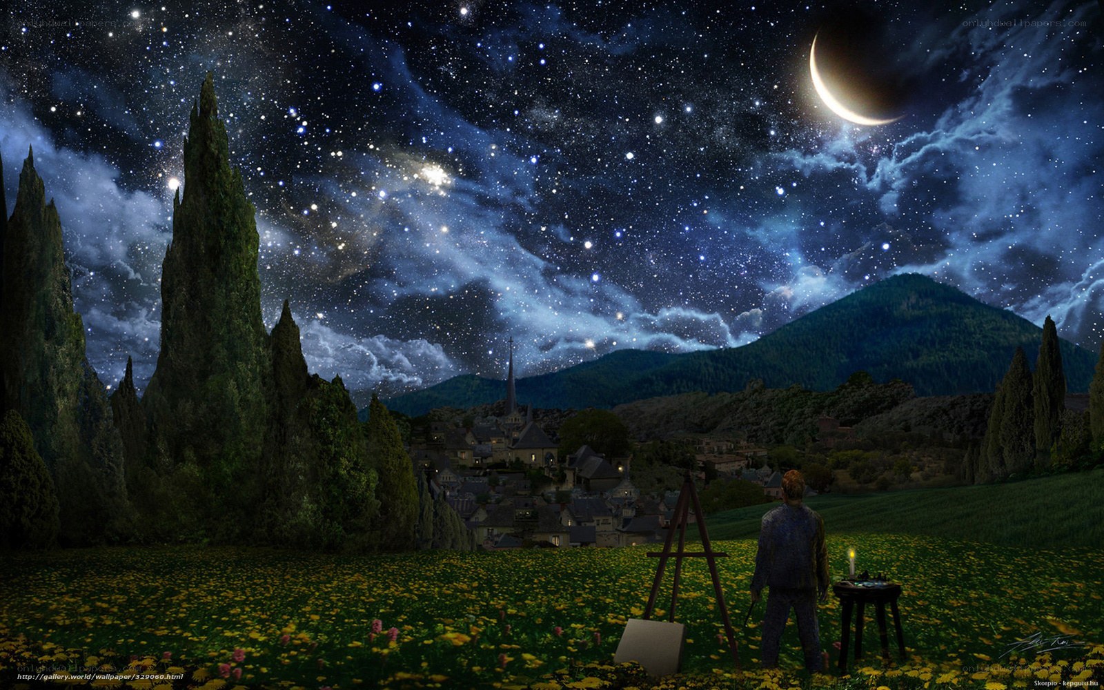 Artist under starry sky