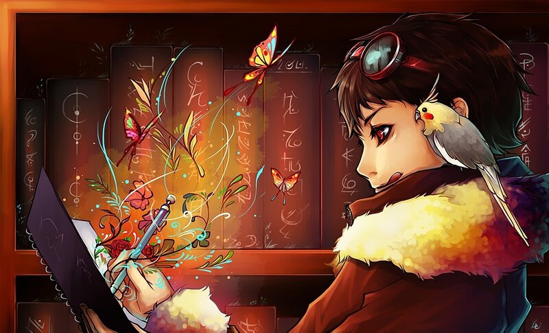 artist with bird and butterflies