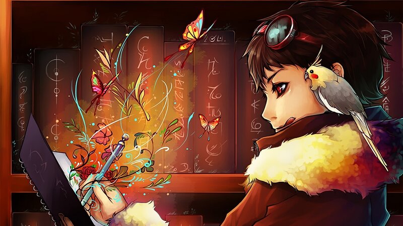 artist with bird and butterflies