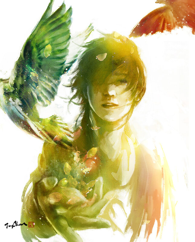 artist with birds and leaves