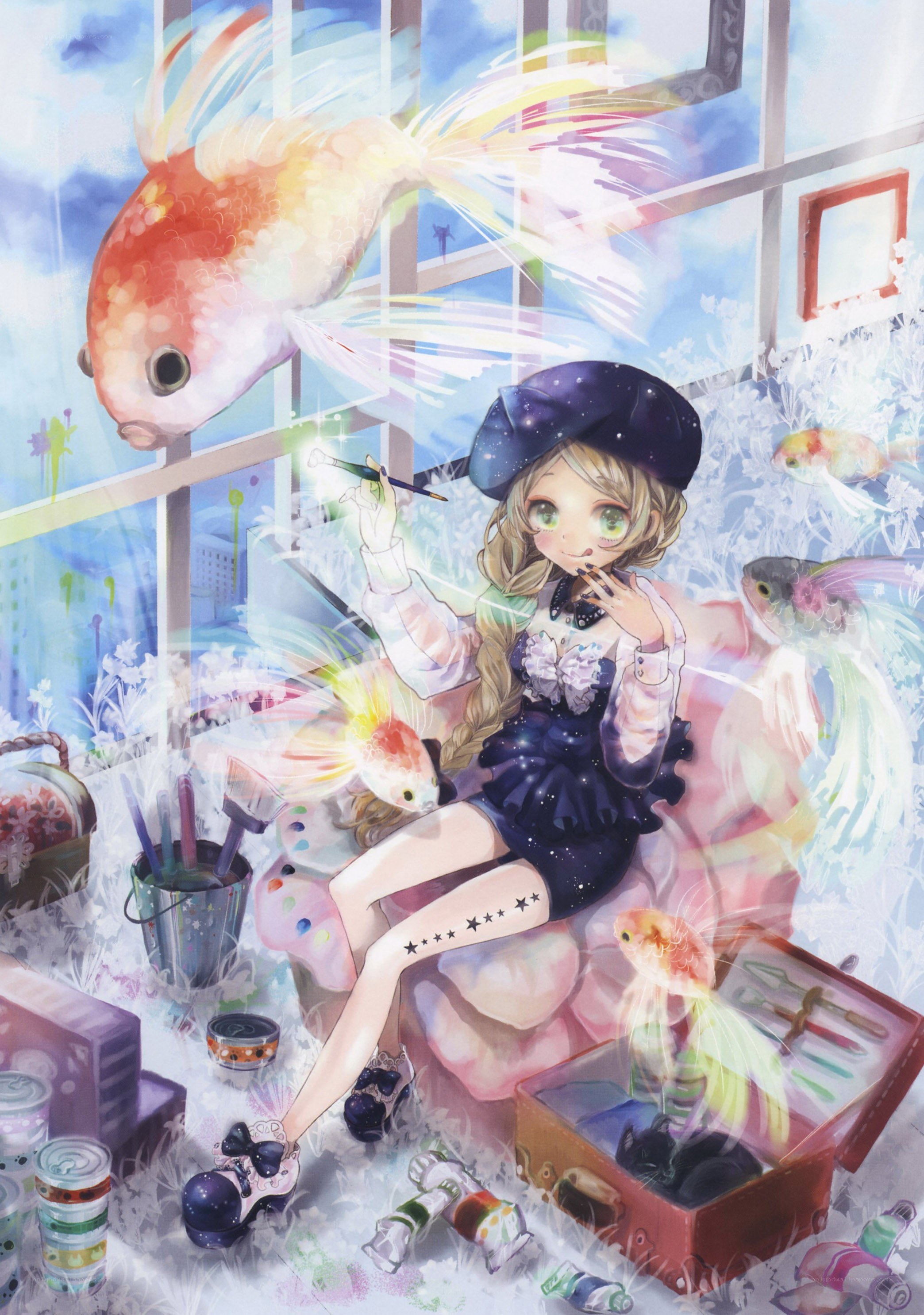 artist with goldfish and paint