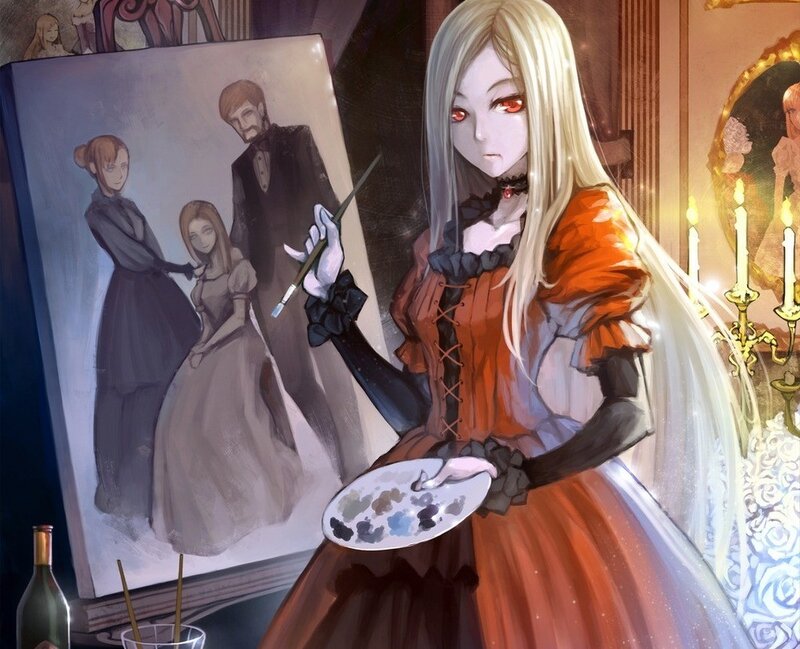 artist with red eyes painting
