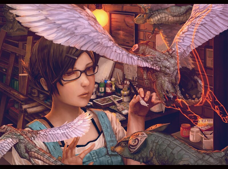 Artist with winged creatures