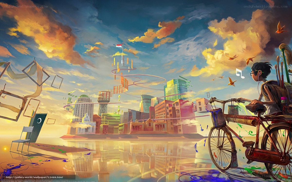 Artistic cityscape with bicycle