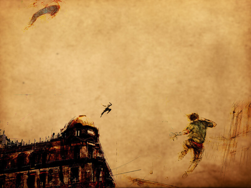 Artistic cityscape with figures